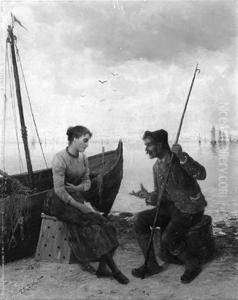 A Fisher's Couple Reading A Letter On The Beach Oil Painting by Frederick Reginald Donat