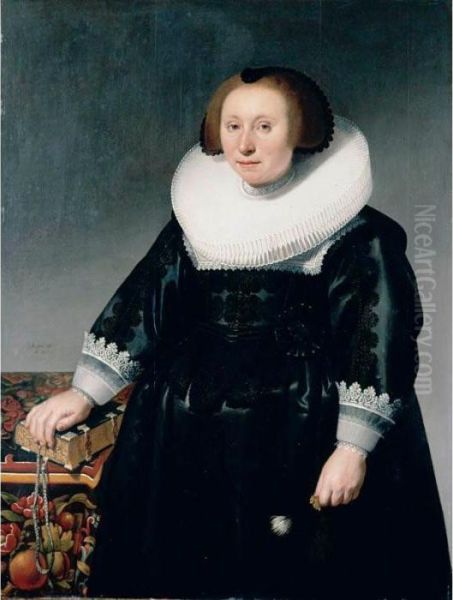 Portrait Of A Lady, 
Three-quarter Length, Wearing A Black Embroidered Dress And Standing 
Next To A Table With Her Hand On A Book Oil Painting by Herman Mijnerts Doncker