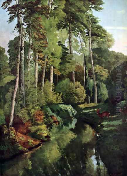 Waldbach with deer Oil Painting by Gustave Courbet