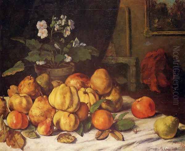 Still Life: Apples, Pears and Primroses on a Table Oil Painting by Gustave Courbet