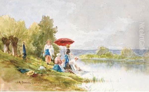 Un Paysage Avec Des Blanchisseuses Au Bord D'un Fleuve Oil Painting by Charles Donzel