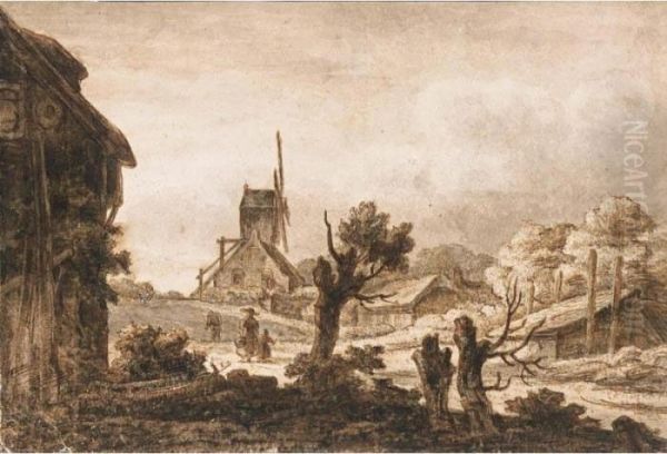 Village Landscape With Figures On A Road, And A Mill Behind Oil Painting by Lambert Doomer