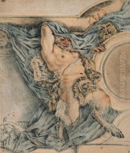 A Satyr Holding Up A Drapery: Design For A Ceiling Oil Painting by Michel Dorigny