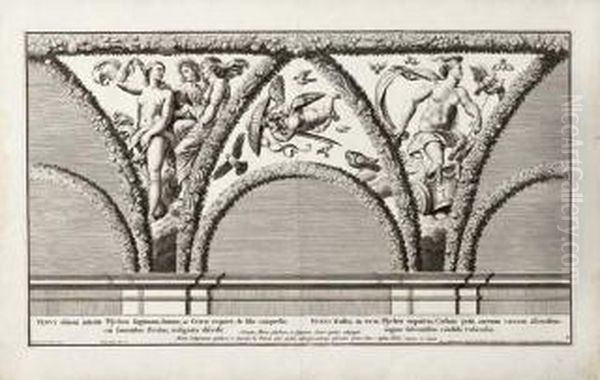 Psyches Et Amoris Nuptiae Ac 
Fabula A Raphaele Sanctio Urbinate Romae In Farnesianis Hortis 
Transtyberim Ad Veterum Aemulationem Ac Laudem Colorum Luminibus 
Expressa A Nicolao Dorigny Ad Similitudinem Delineata Et Incisa... Oil Painting by Nicolas Dorigny