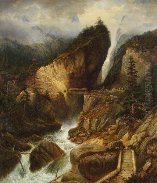 Zugeschrieben - Wasserfall In Den Bayerischen Alpen (die Hollenklamm Bei Garmisch?) Oil Painting by Johann Jakob Ii Dorner