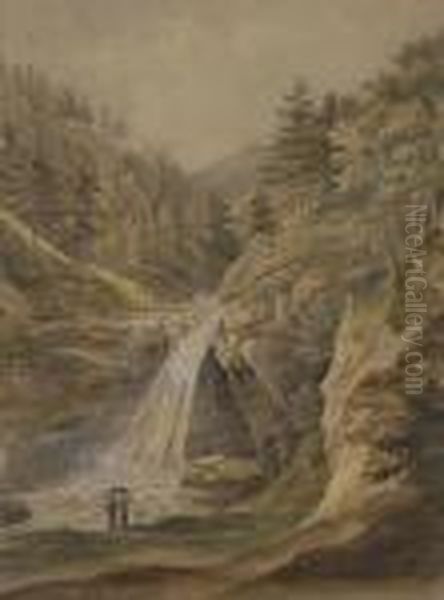 Wasserfall Bei Kreuth. Oil Painting by Johann Jakob Ii Dorner