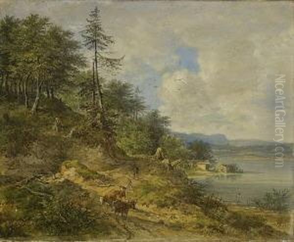 Hirte Mit Vieh Auf Dem Weg Am
 Seeufer. Oil Painting by Johann Jakob Ii Dorner