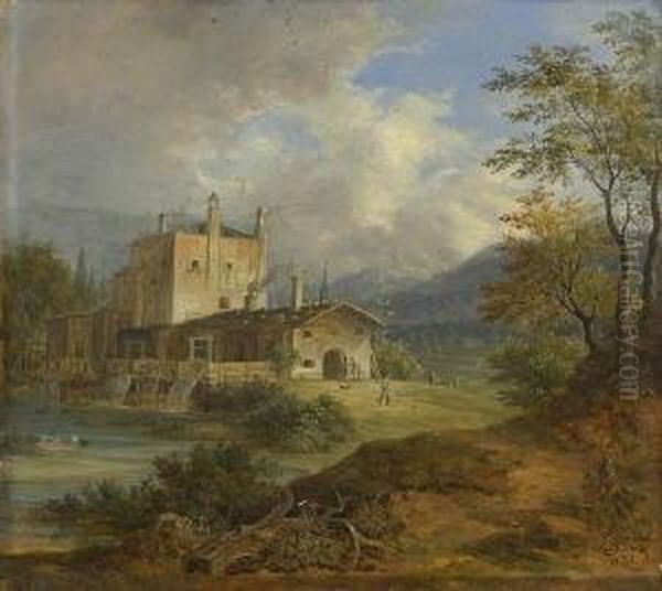 Hammerschmiede In Fruhherbstlicher
 Gebirgslandschaft. Oil Painting by Johann Jakob Ii Dorner