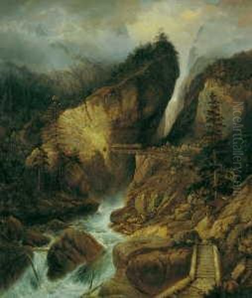 D. J. , Zugeschrieben Wasserfall
 In Den Bayerischen Alpen . Ol Auf Leinwand, Auf Spanplatte Aufgezogen. H
 122; B 105 Cm Oil Painting by Johann Jakob Ii Dorner