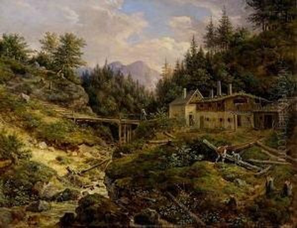 Oberbayerische
 Gebirgslandschaft Oil Painting by Johann Jakob Ii Dorner