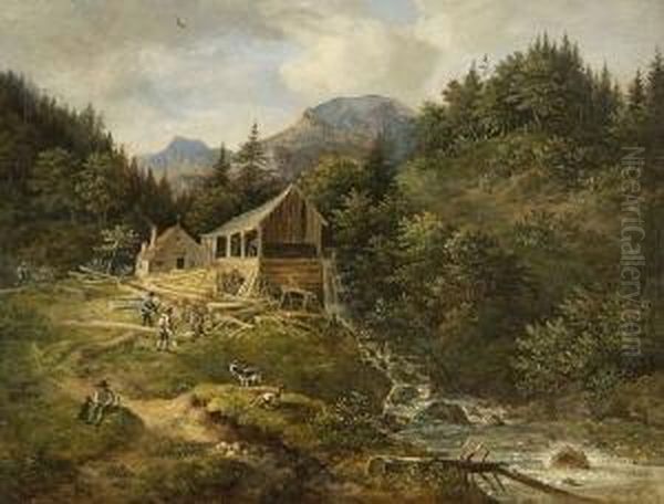 Sagemuhle Am Wildbach Oil Painting by Johann Jakob Ii Dorner