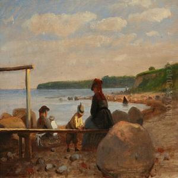 Children And Theirmothers On Lundeborg Beach, Denmark Oil Painting by Anton Laurids J. Dorph