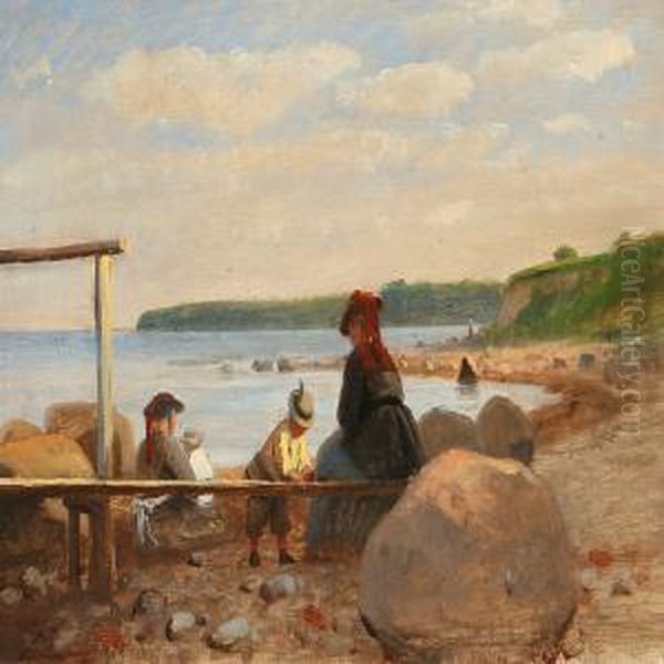 Children And Their Mothers On Lundeborg Beach Oil Painting by Anton Laurids J. Dorph