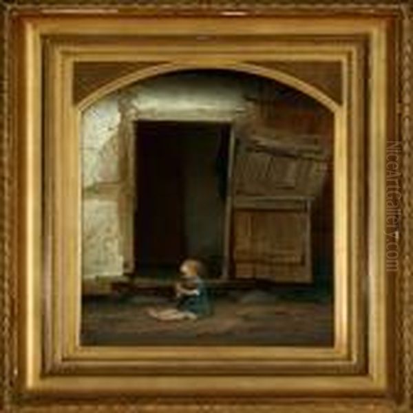 A Little Girl Is Playing With 
Her Doll In Front Of The Stable Door. Signed And Dated A. Dorph 1873 Oil Painting by Anton Laurids J. Dorph