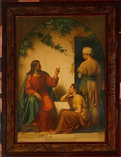 Dorph: Jesus Are Talking To The 
Sisters Martha And Maria. Stamp Signed And Dated A. Dorph 188. 
Lithograph In Colours. Visible Size 7 X 51 Cm Oil Painting by Anton Laurids J. Dorph