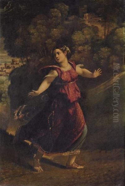 A Woman Fleeing On A Wooded Path Oil Painting by Dosso Dossi