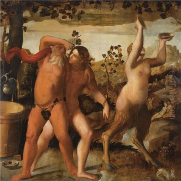 A Bacchanal Scene With The Drunken Silenus And Bacchants Cavorting In A Vineyard Oil Painting by Dosso Dossi