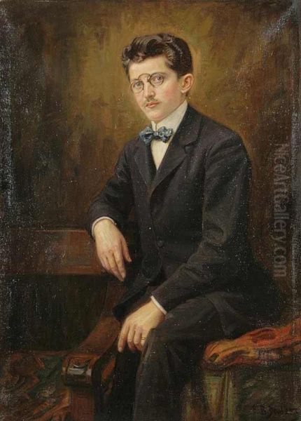 A Portrait Of A Young Man Wearing Glasses Oil Painting by Frantisek Bohumil Doubek