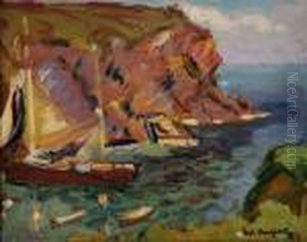 N.a. Sailboats In A Cove S L/r: Paul Dougherty O/wood Panel 8.25 X 10.5 Est:$1500/2500 Oil Painting by Paul Dougherty