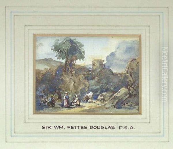 P.r.s.a. A Classical Landscape 
With Figures Inscribed With The Artist's Name On The Mount Below, And 
Extensively Inscribed On A Later Label Verso, Pen, Ink And Watercolour, A
 Study, 5cm By 7cm Oil Painting by William Fettes Douglas