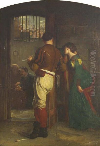 P.r.s.a. A Prison Interior With
 Figures Consoling A Male Prisoner, A Crowd Can Be Seen Through A Window
 In The Distance Inscribed With The Artist's Name On The Original Frame Oil Painting by William Fettes Douglas