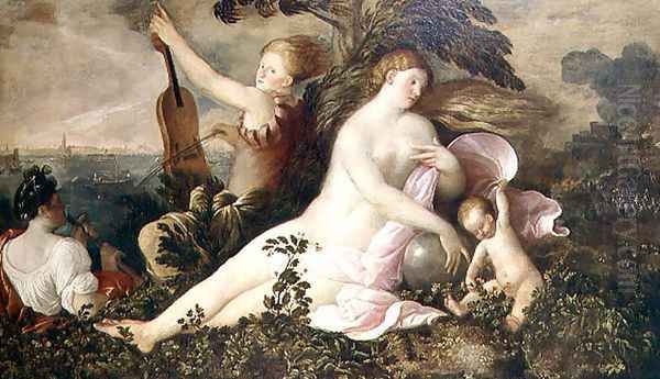 Allegory of a Venetian Victory, the central figure of Fortune or Chance accompanied by figures symbolising Nature and Music, c.1518 Oil Painting by Cariani