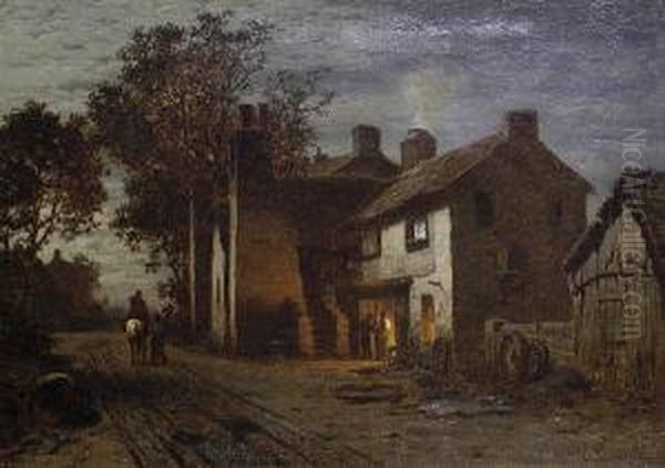 A Forge At Dusk Oil Painting by Louis, Carl Ludwig Douzette