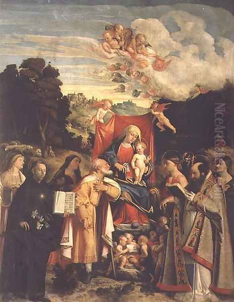 Madonna and Child with SS. Domenic, Barbara, Catherine and others Oil Painting by Cariani