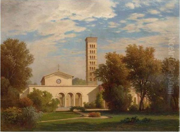 View Of A Church With Its Surrounding Gardens Oil Painting by Louis, Carl Ludwig Douzette