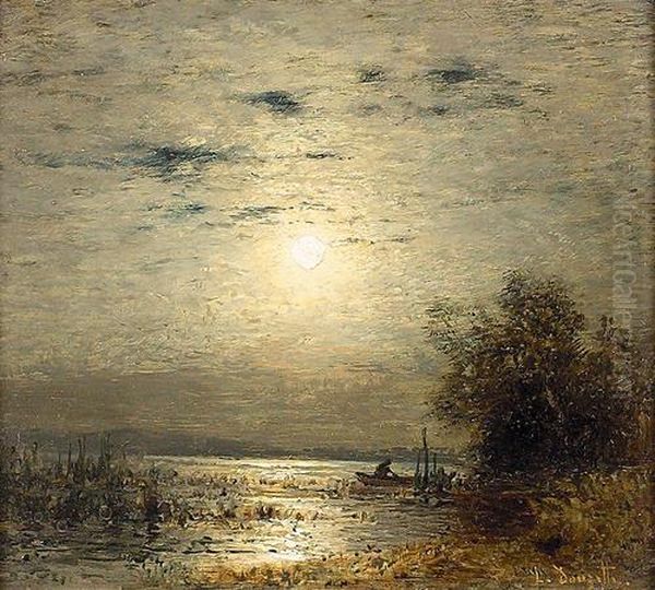 Seeuferpartie Bei Vollmond. Oil Painting by Louis, Carl Ludwig Douzette