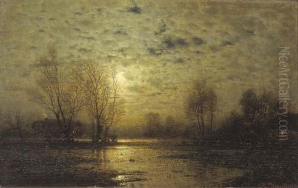 Houses Along A Lake Bij Moonlight Oil Painting by Louis, Carl Ludwig Douzette