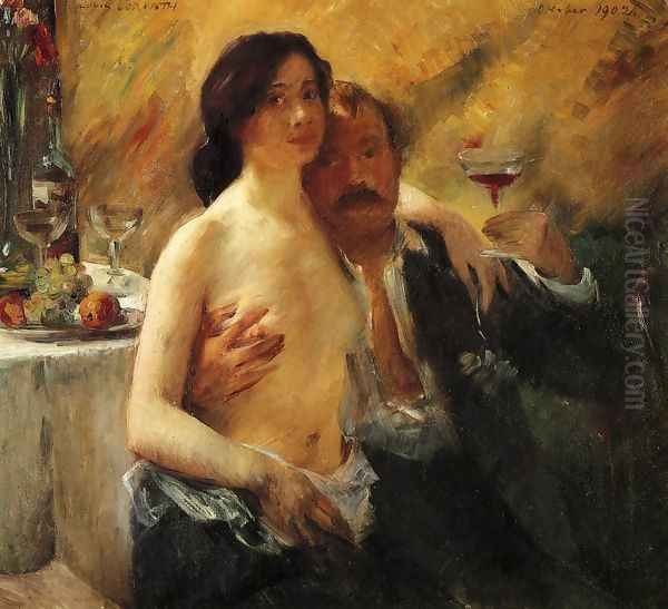 Self Portrait With His Wife And A Glass Of Champagne Oil Painting by Lovis (Franz Heinrich Louis) Corinth