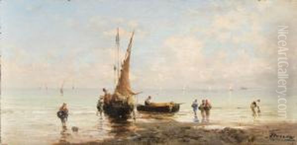 Marina Con Pescatori E Barche A Riva Oil Painting by Achille Dovera