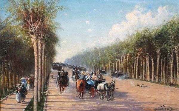 A Lively Boulevard In Buenos Aires Oil Painting by Achille Dovera