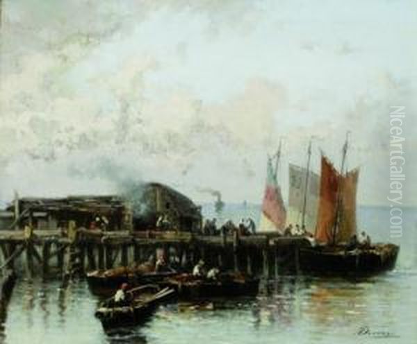 Barche E Pescatori Al Molo Oil Painting by Achille Dovera