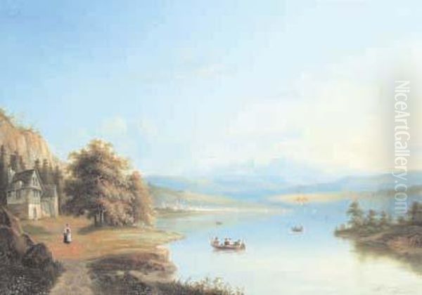 Veduta Di Citta Sul Lago Oil Painting by Achille Dovera