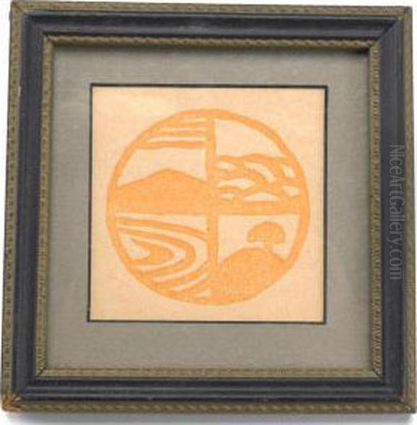 Stylized Landscape Within An Orange Medallion Oil Painting by Arthur Wesley Dow