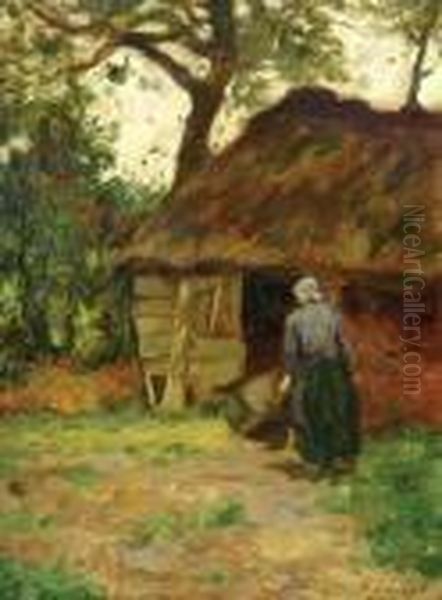 Country Woman Wheeling A Barrow Oil Painting by John Patrick Downie