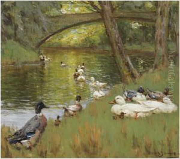 Ducks At The Bend Of The River Oil Painting by Patrick Downie