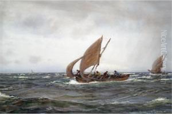 Fishing Boats In Rough Seas Oil Painting by Patrick Downie