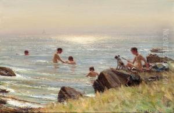 Children Bathing At Ballantrae Oil Painting by Patrick Downie