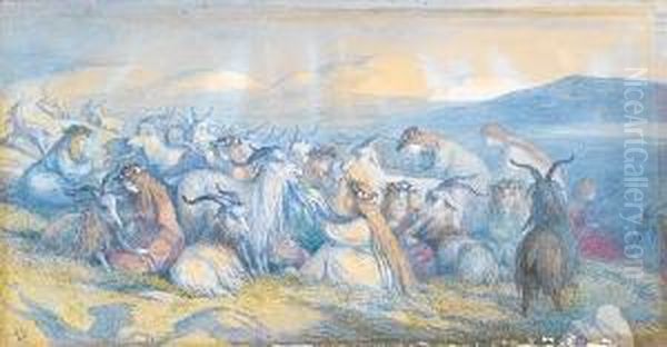 Young Girls Attending Goats Oil Painting by Richard Doyle