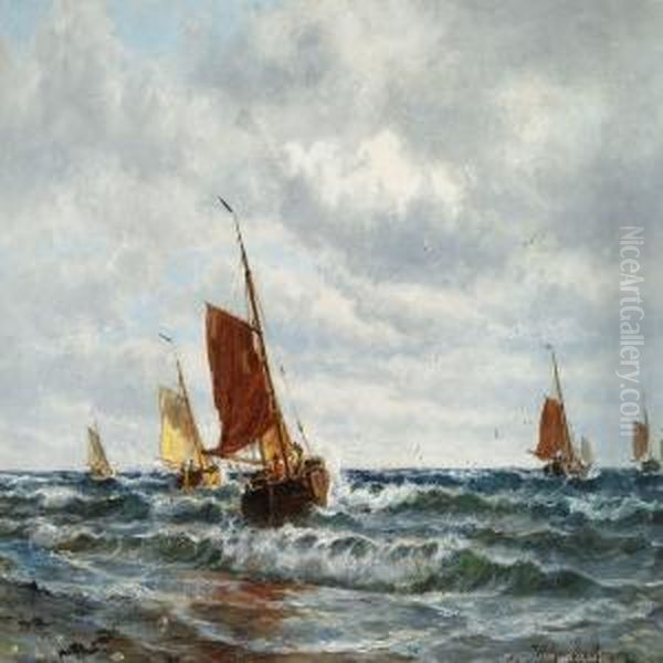 Fishing Boats Off The Dutch Coast Oil Painting by Holger Drachmann