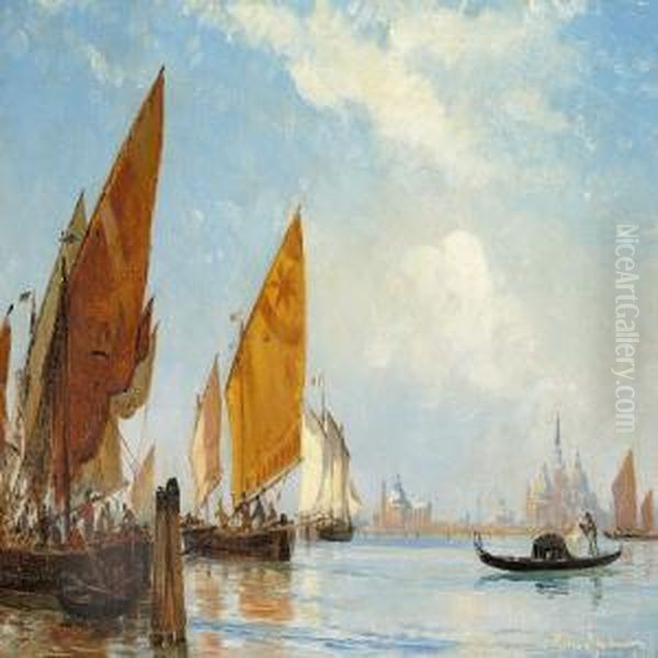 Fishing Vessels And Gondola In The Venetian Laguna Oil Painting by Holger Drachmann