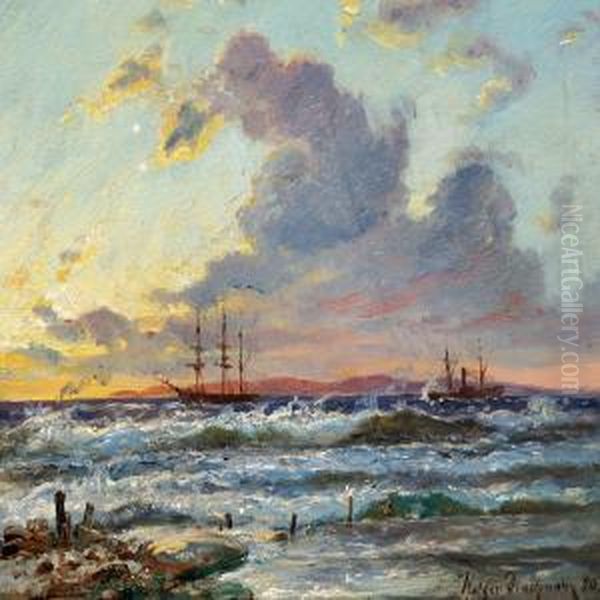 Sailing Ship And Steamers Off The Coast At Sunset Oil Painting by Holger Drachmann