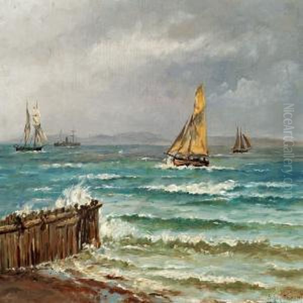 Seascape With Boats On A Windy Day Oil Painting by Holger Drachmann