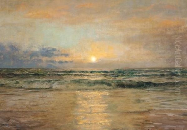 Sunset At Skagen Beach Oil Painting by Holger Drachmann