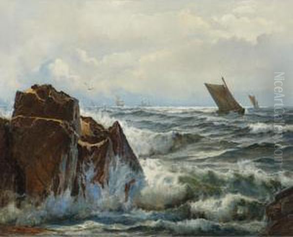 Ships Off The Coast Oil Painting by Holger Drachmann