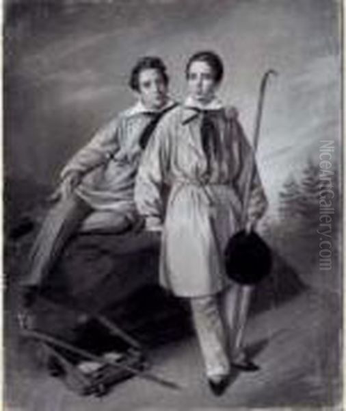 Portrait De Deux Freres Oil Painting by Alexandre-Jean Dubois Drahonet