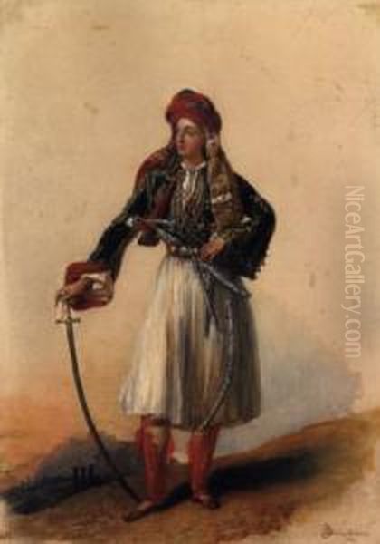 Portrait Of A Young Man In Greek Costume Standing Before The Acropolis Oil Painting by Alexandre-Jean Dubois Drahonet